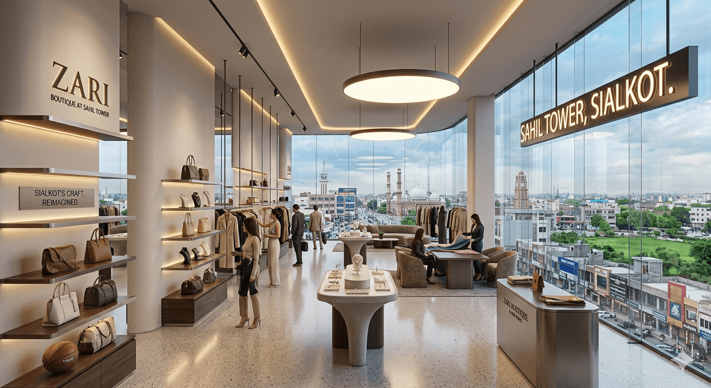 Luxury hotel-style lobby in Sahil Tower Sialkot with marble flooring and ambient lighting